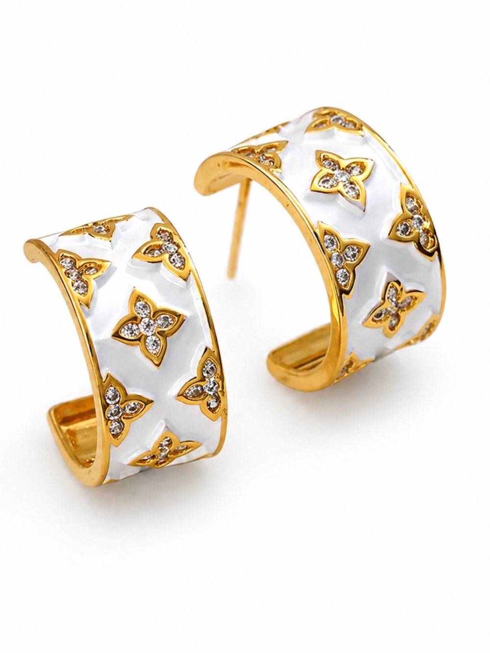 Gold & White Clover Crystal Hoop Earrings - Women's Jewelry